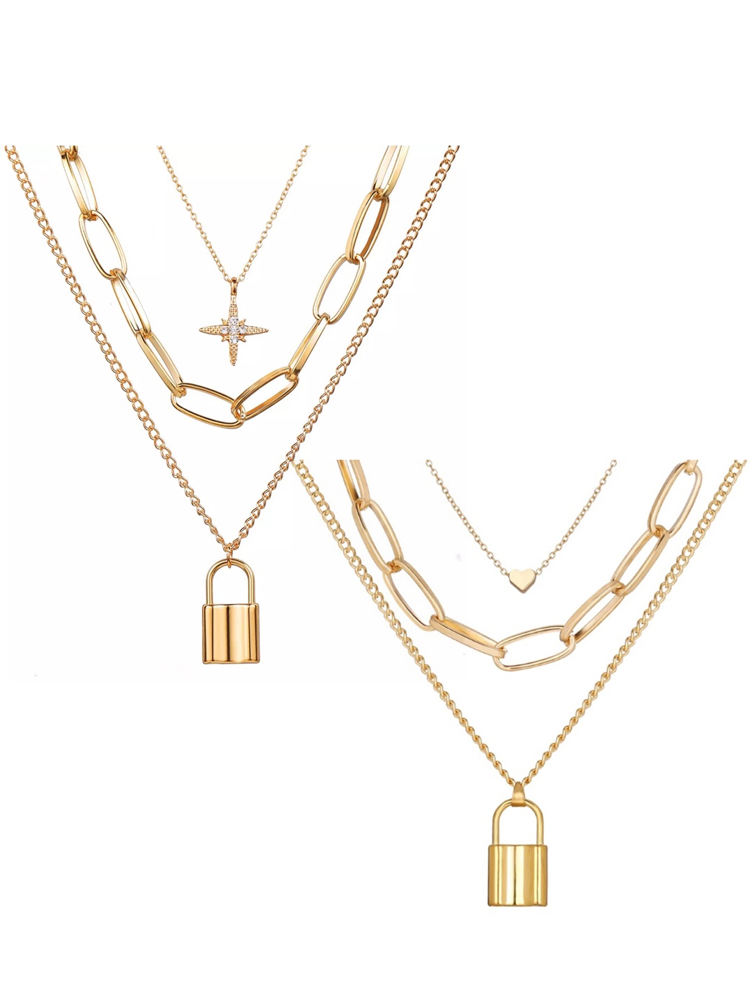 

Vembley Set Of 2 Gold-Plated Triple Layered Heart & Star Lock Necklace