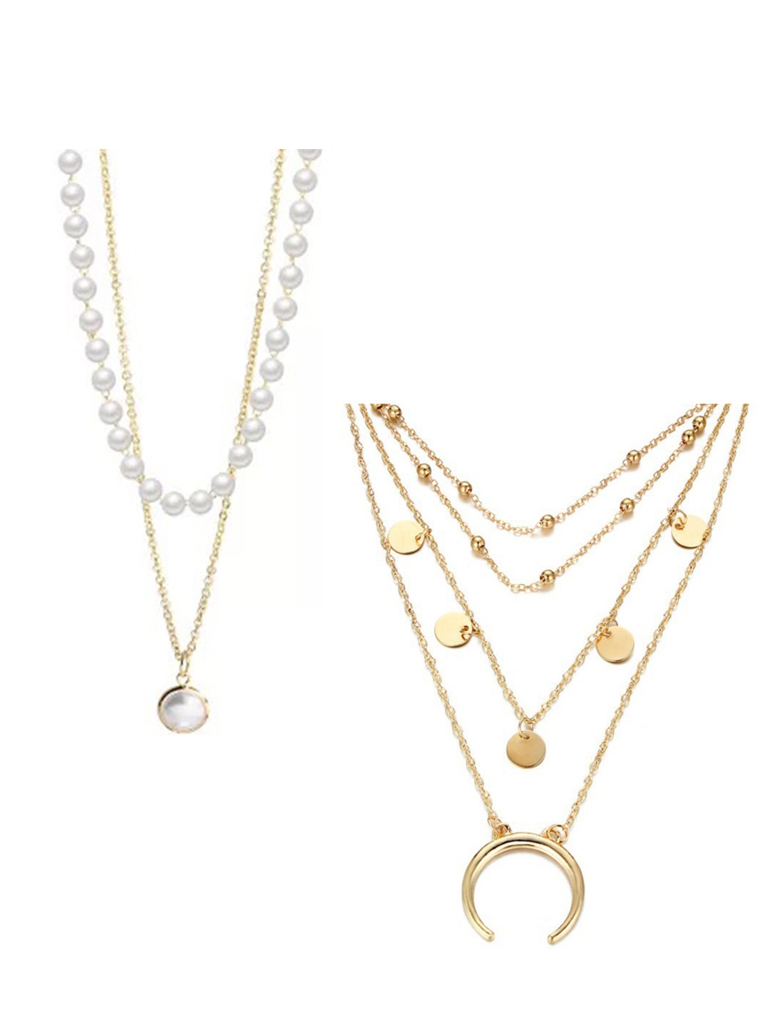 

Vembley Set Of 2 Gold-Toned & White Double and Triple Layered Beads Pendant Necklace