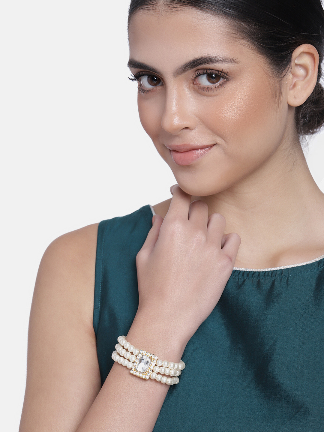 

I Jewels Women White Gold-Plated Stone Studded Adjustable Pearl Bracelet