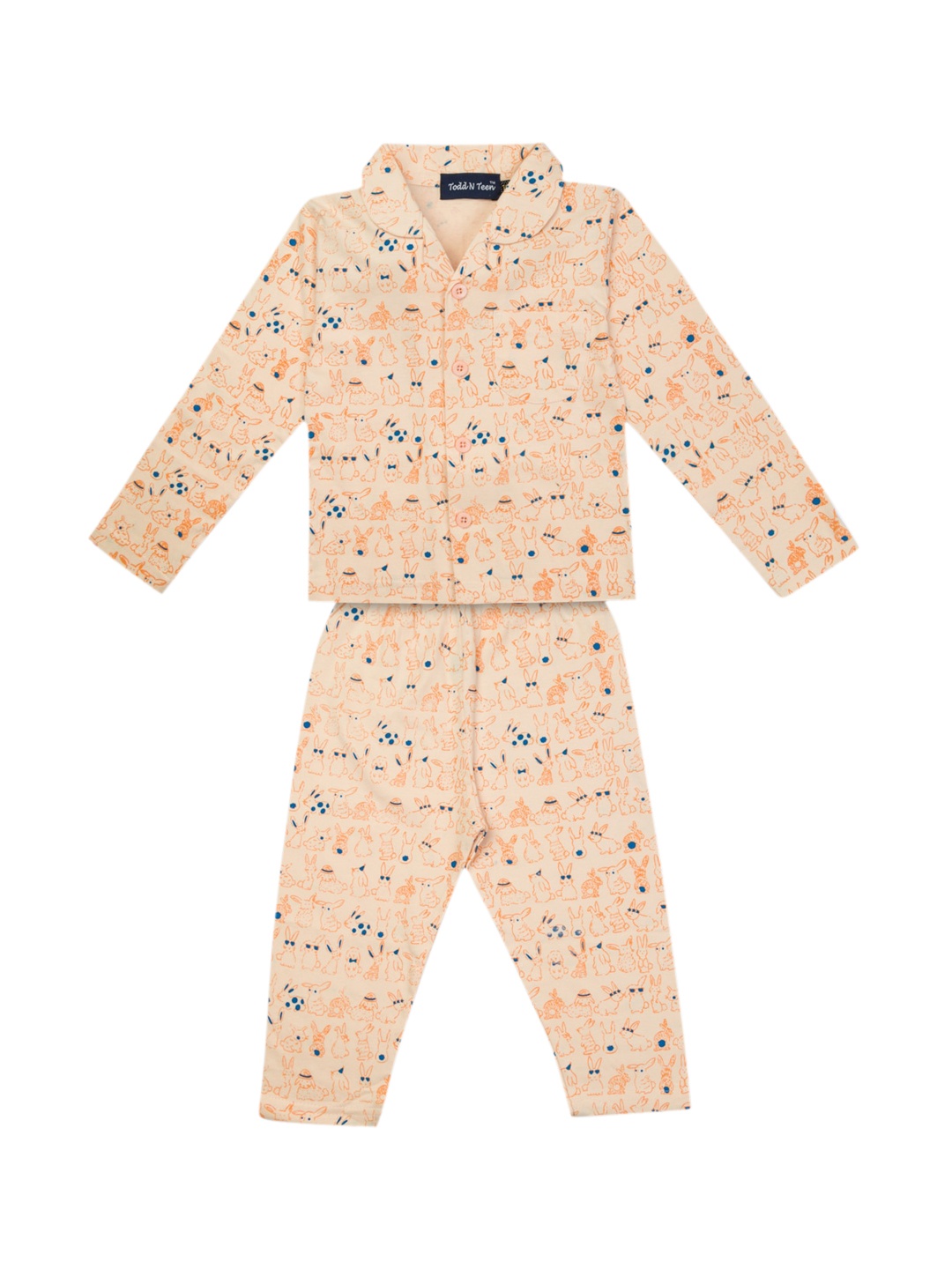 

Todd N Teen Unisex Kids Peach-Coloured & Blue Printed Pure Cotton Night suit