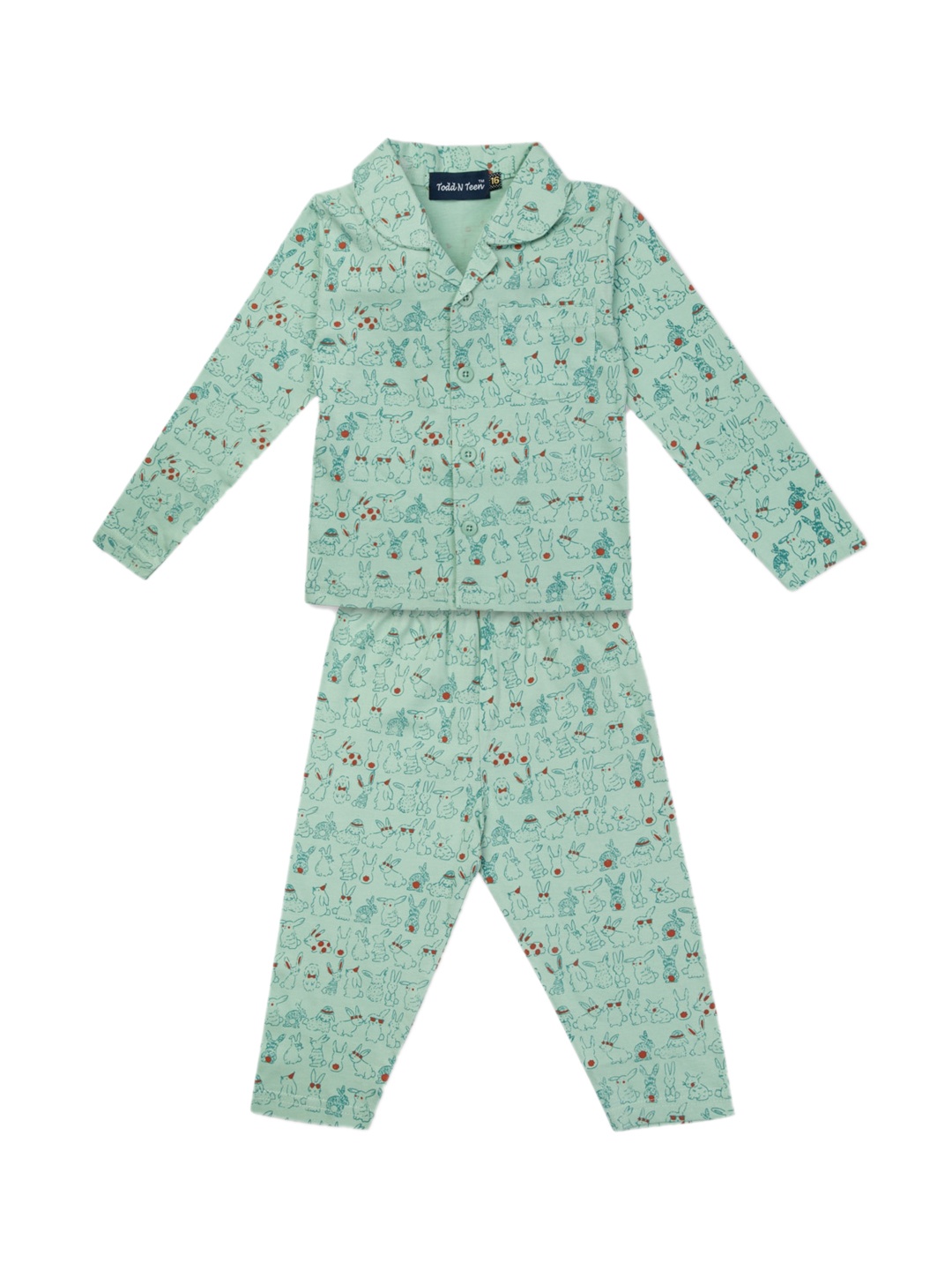 

Todd N Teen Unisex Kids Green & Red Printed Pure Cotton Night suit