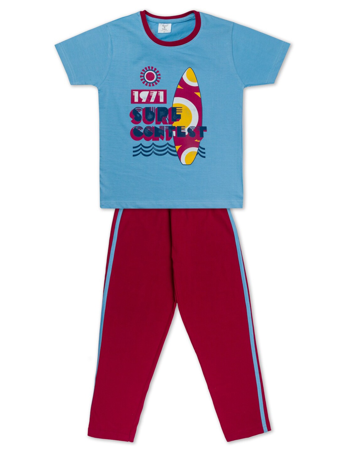 

Todd N Teen Boys Blue & Maroon Printed Pure Cotton T-shirt with Trousers