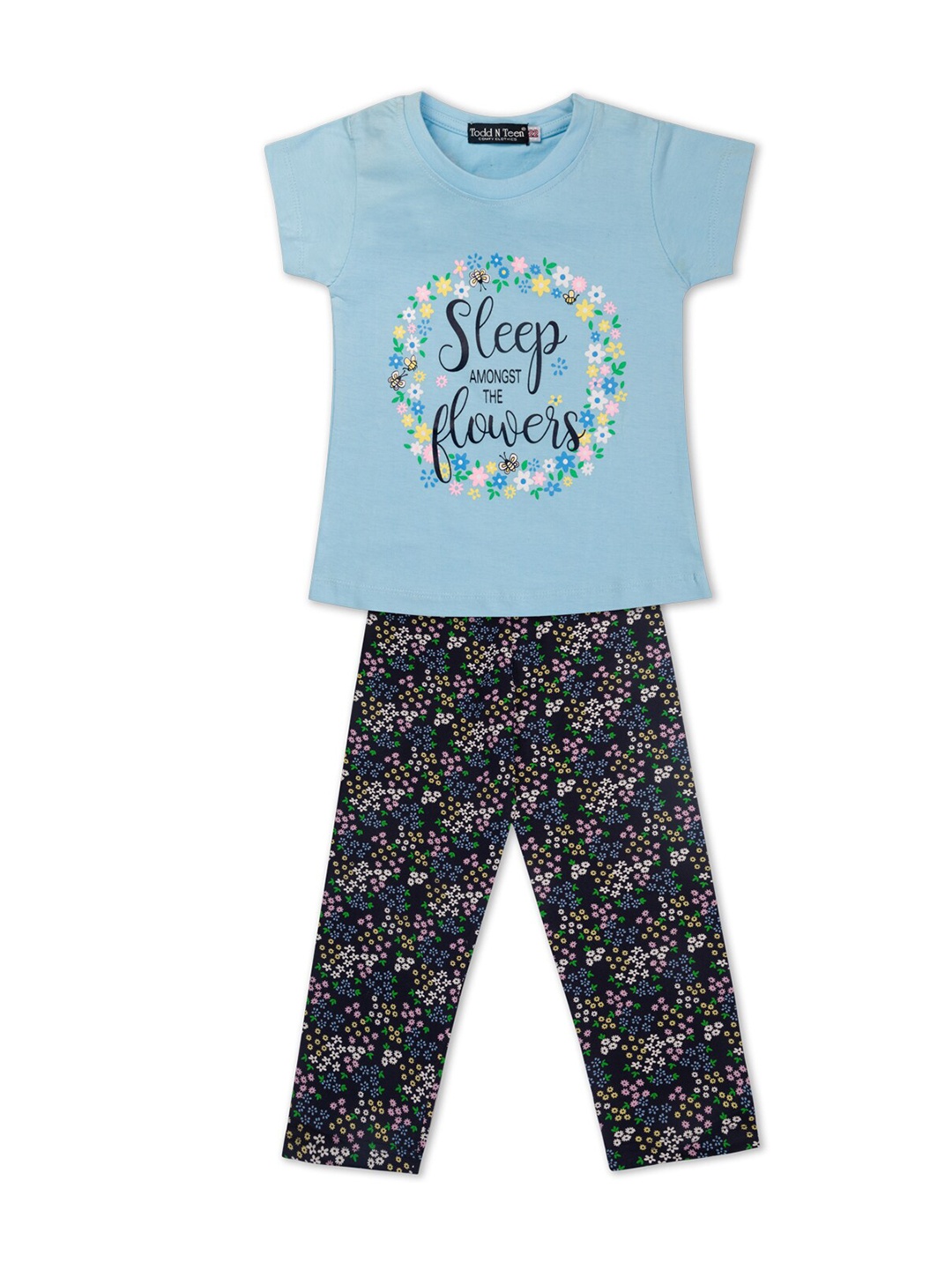 

Todd N Teen Girls Blue & Black Pure Cotton Printed Night suit