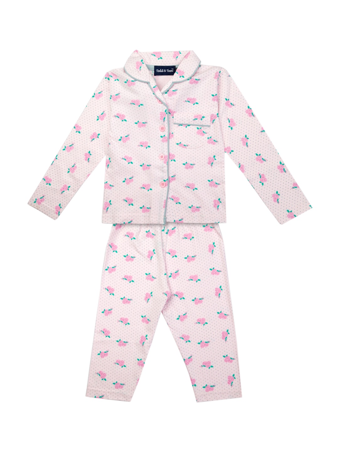 

Todd N Teen Kids Pink & Green Printed Pure Cotton Night Suit