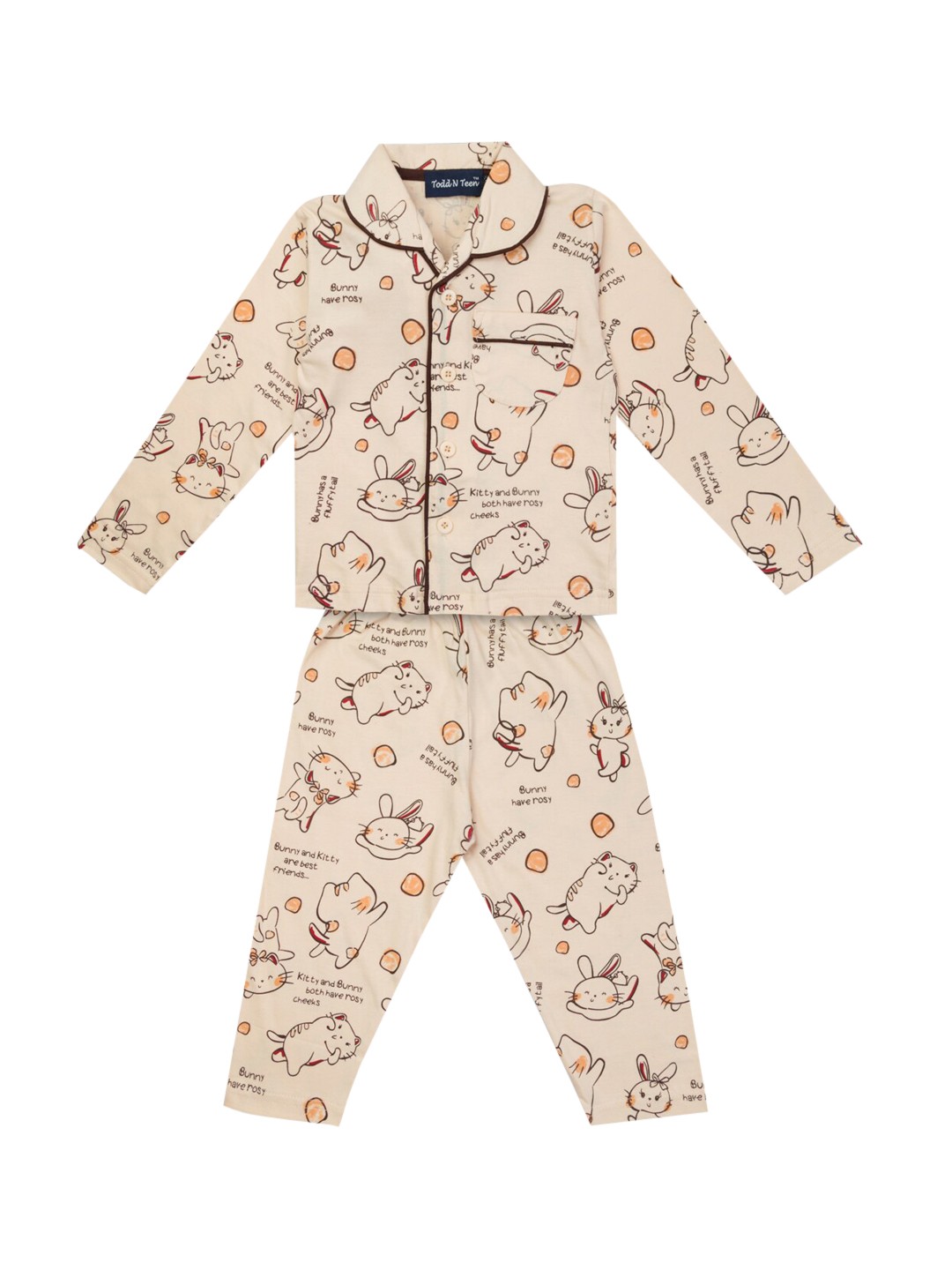 

Todd N Teen Kids Peach Animal Printed Pure Cotton Night Suit