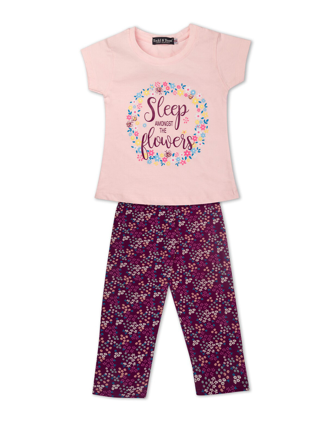 

Todd N Teen Girls Maroon & Pink Printed Pure Cotton Night suit