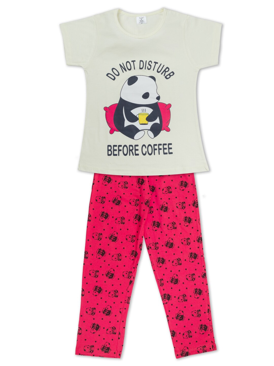 

Todd N Teen Girls Cream-Coloured & Magenta Printed Pure Cotton Night Suit
