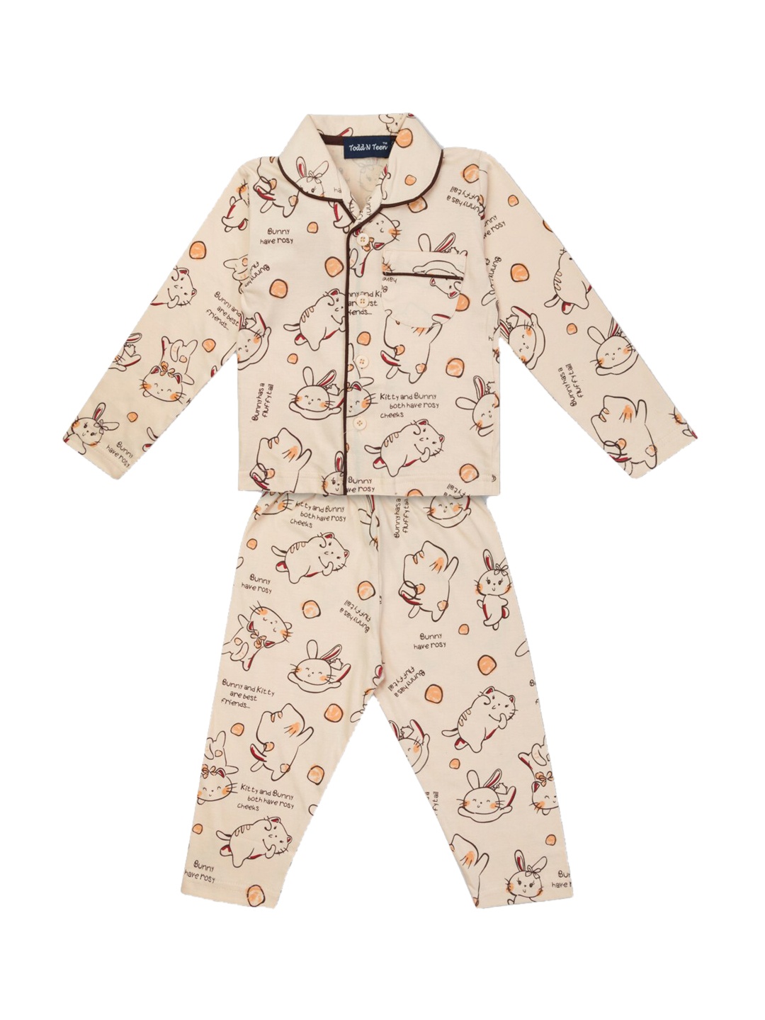 

Todd N Teen Unisex Kids Peach-Coloured & Maroon Pure Cotton Printed Night suit