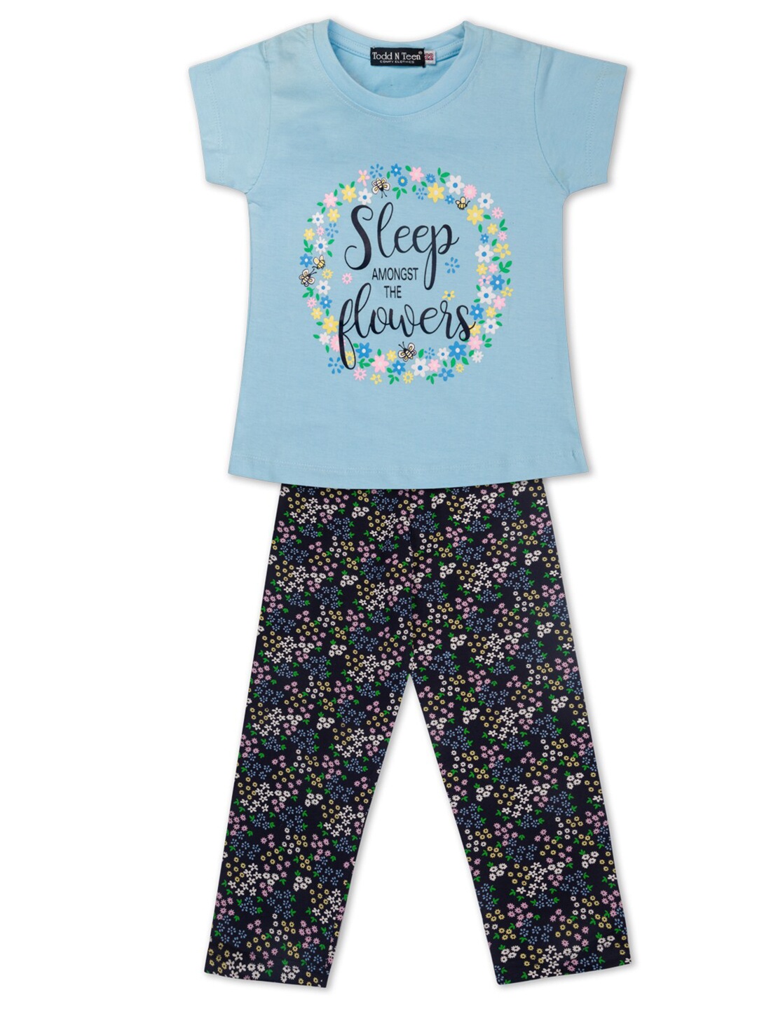 

Todd N Teen Girls Black & Blue Printed Pure Cotton Night Suit