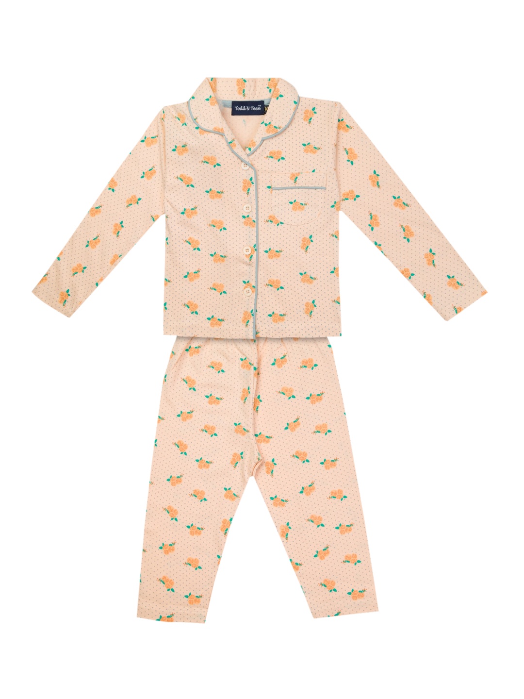 

Todd N Teen Unisex Kids Peach-Coloured & Green Pure Cotton Printed Night Suit