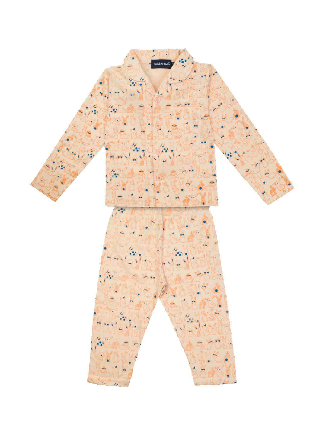 

Todd N Teen Unisex Kids Peach Animal Printed Pure Cotton Night Suit