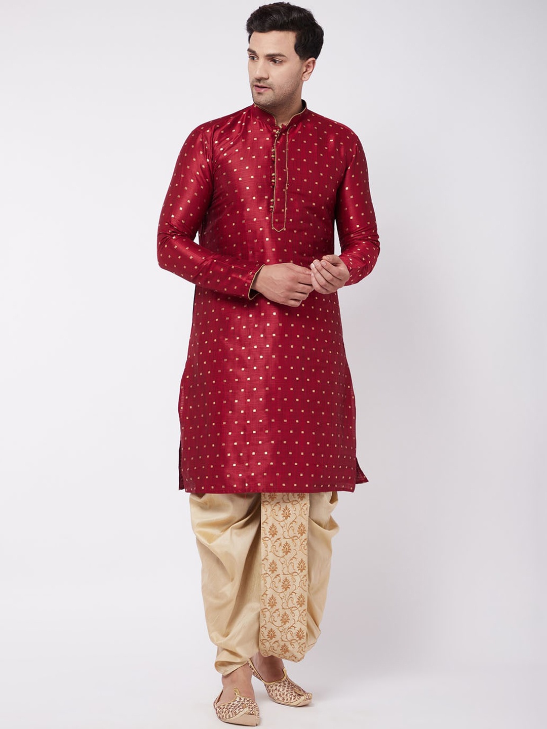 

VASTRAMAY Men Maroon Ethnic Motifs Kurta with Dhoti Pants