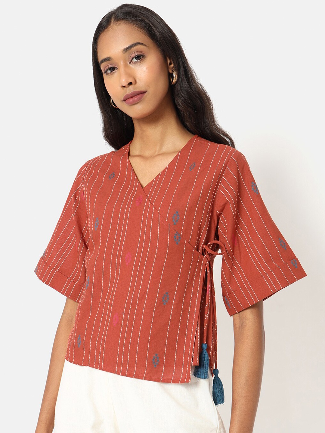 

Saaki Red Striped Wrap Top