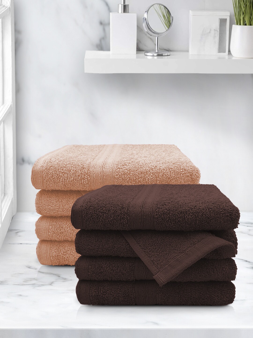 

Aura Pack Of 8 Solid 500 GSM Pure Cotton Hand Towels, Coffee brown