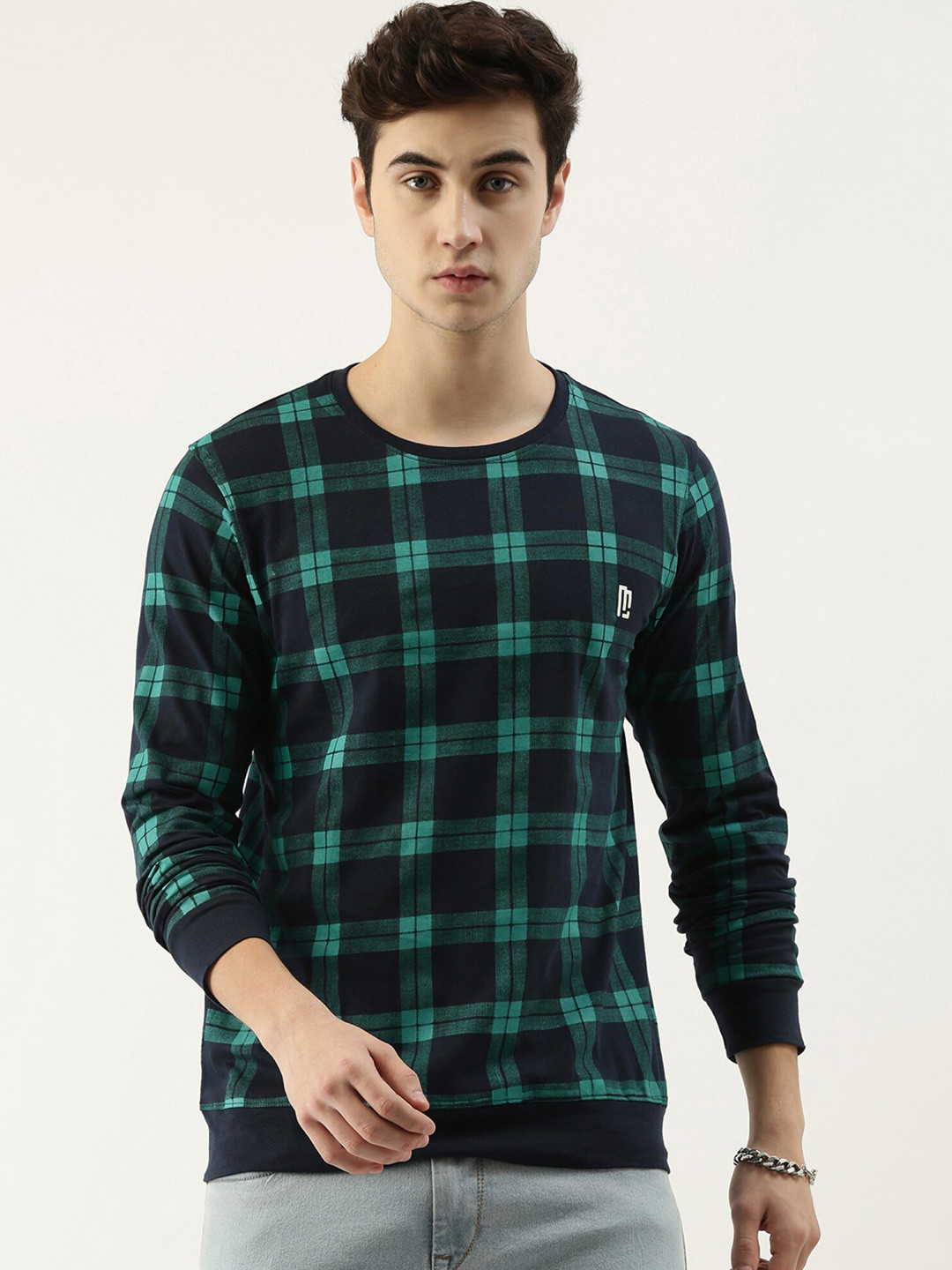 

Maniac Men Navy Blue & Green Checked Slim Fit T-shirt