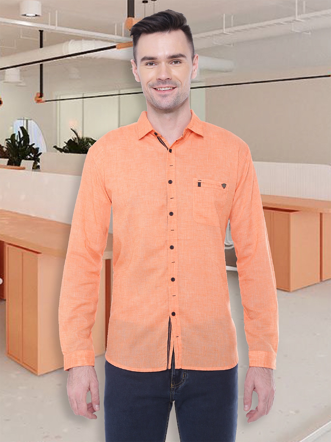Kuons Avenue Men Coral Orange Smart Slim Fit Cotton Linen Casual Shirt