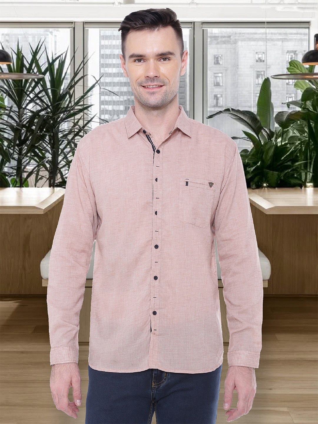 

Kuons Avenue Men Beige Smart Slim Fit Cotton Linen Casual Shirt