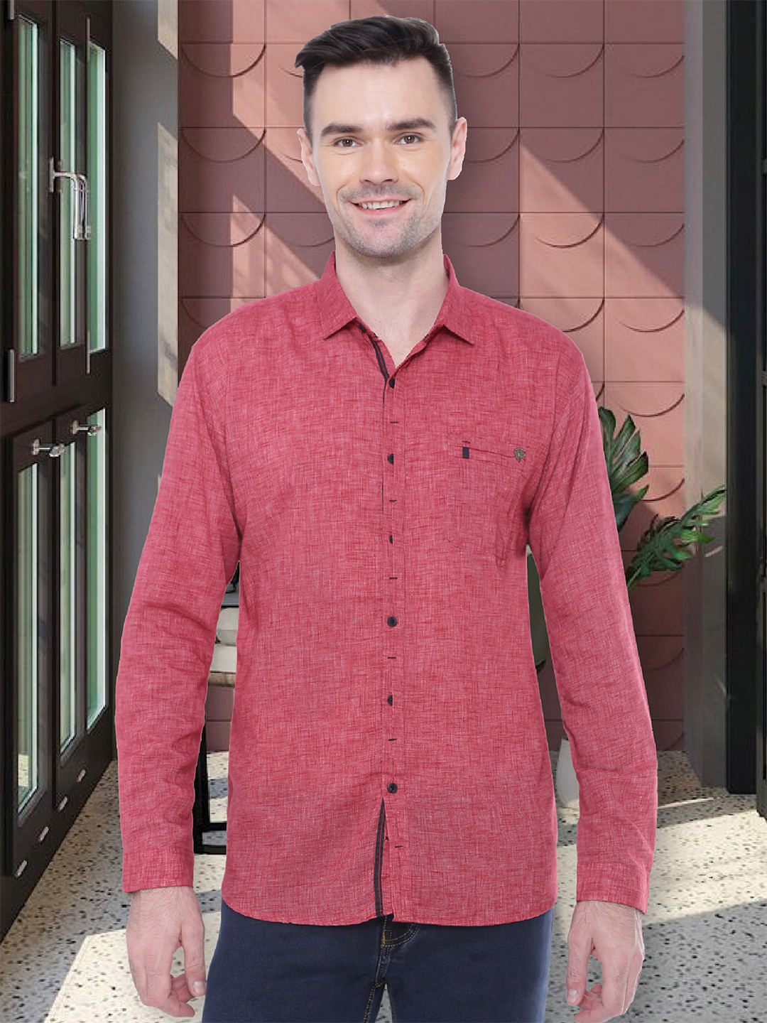 

Kuons Avenue Men Red Smart Slim Fit Cotton Linen Casual Shirt