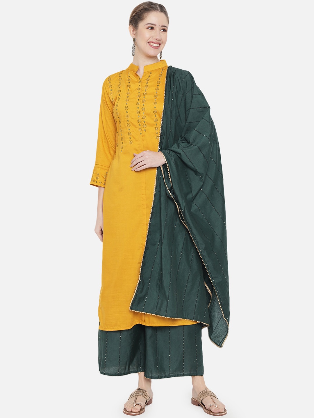

VAABASTA Women Yellow Floral Embroidered Sequinned Kurta & Palazzos With Dupatta