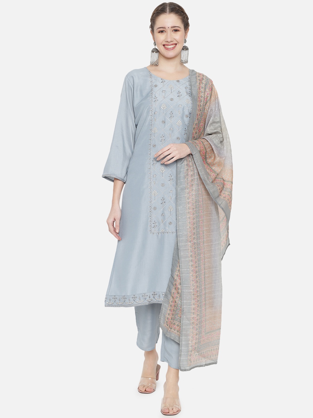

VAABASTA Women Grey & Beige Floral Embroidered Kurta With Trousers & Dupatta