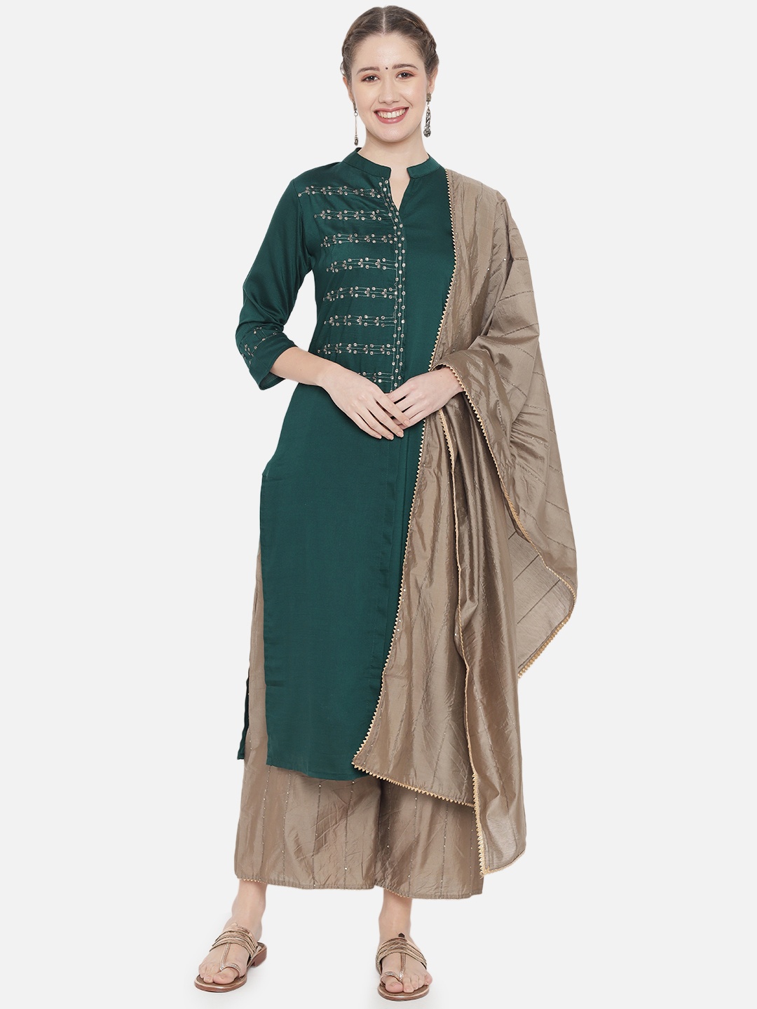 

VAABASTA Women Green Embroidered Panelled Kurta with Palazzos & With Dupatta
