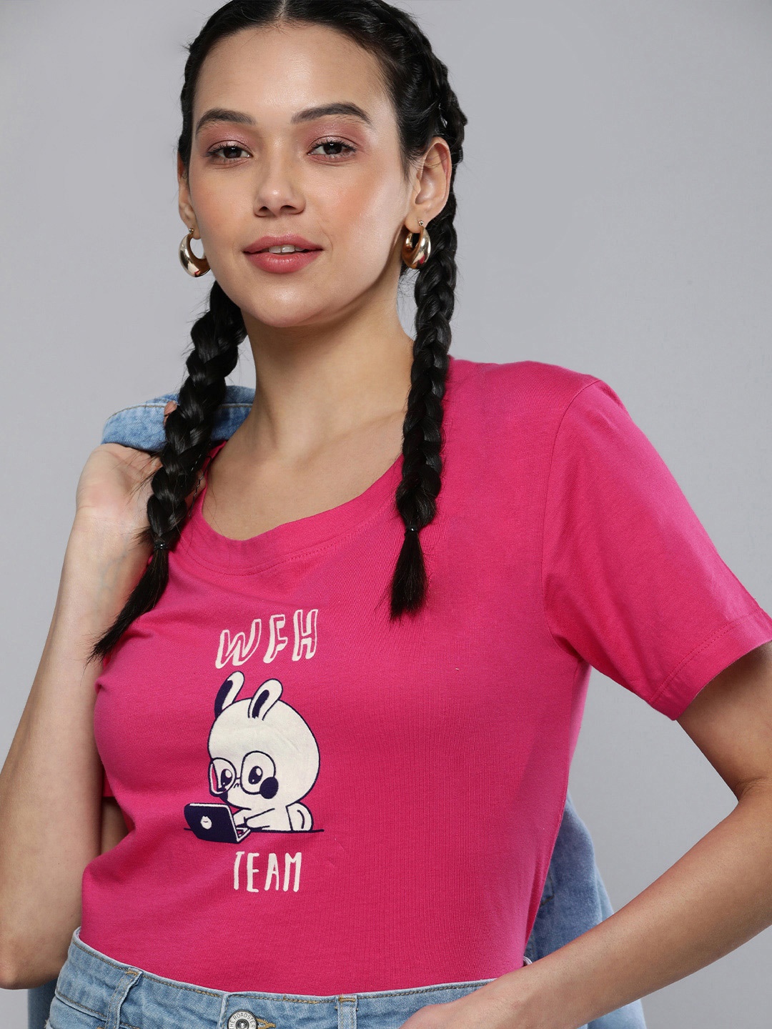 HERE&NOW Women Fuchsia Pink Typography Printed Scoop Neck Regular Sleeves T-shirt