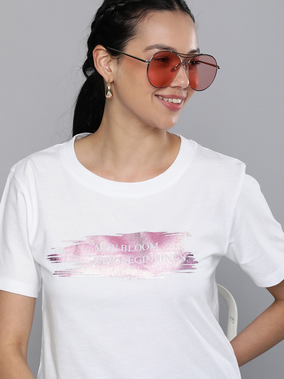 

HERE&NOW Women White Typography Printed Round Neck Regular Sleeves Cotton T-shirt