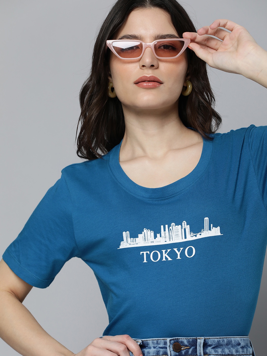 

HERE&NOW Women Blue & White Printed Casual T-shirt