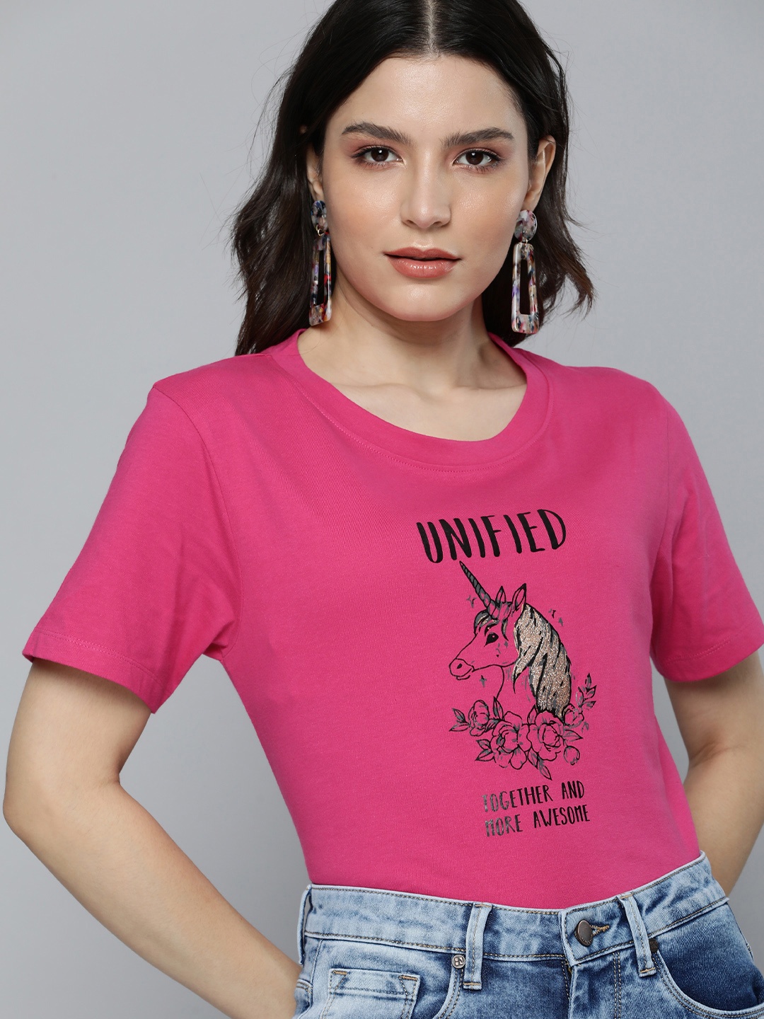 

HERE&NOW Women Pink & Black Printed Cotton Blend Casual T-shirt