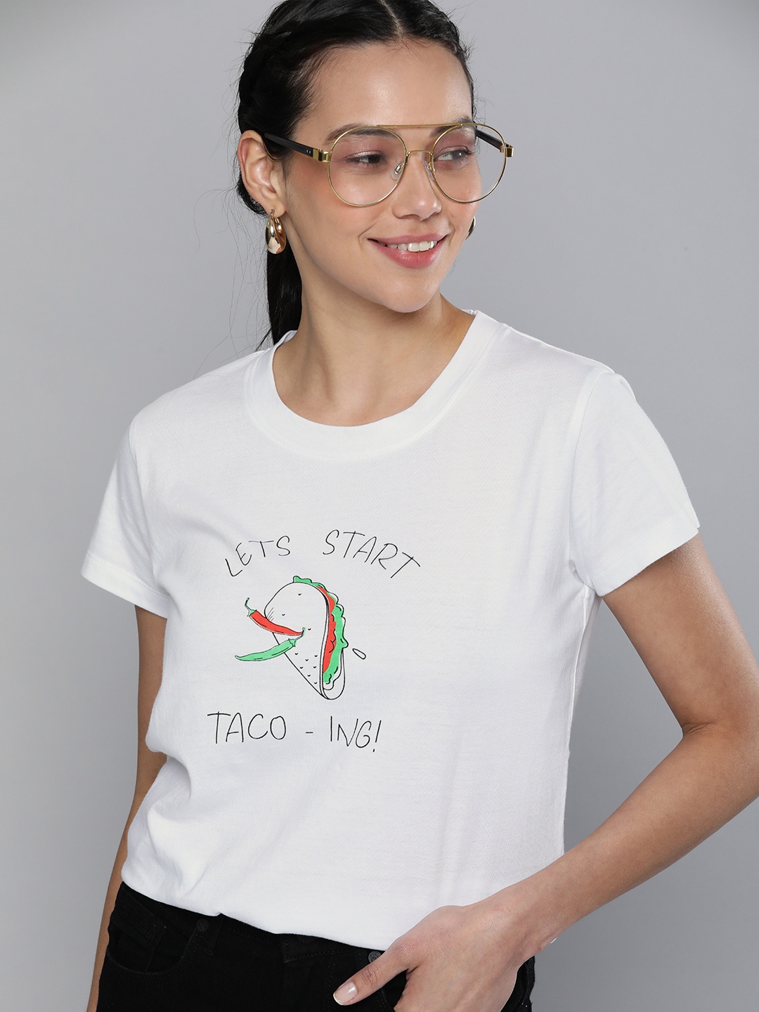 

HERE&NOW Women White Typography Printed Round Neck Regular Sleeves Cotton T-shirt