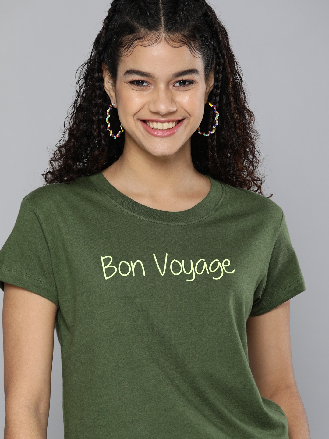 

HERE&NOW Women Olive Green Typography Printed Pure Cotton T-shirt