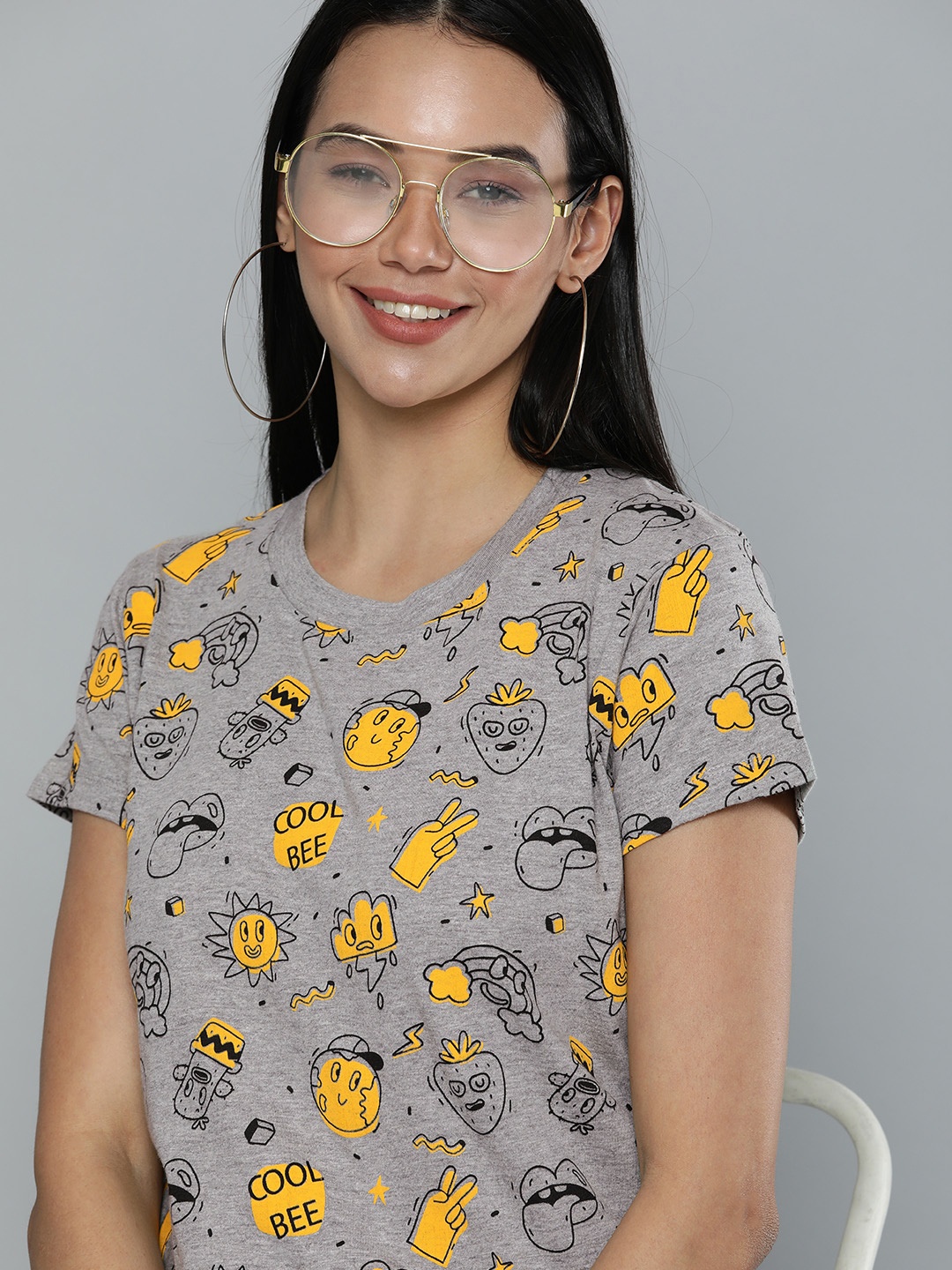 

HERE&NOW Women Grey Melange & Yellow Graphic Printed Casual T-shirt