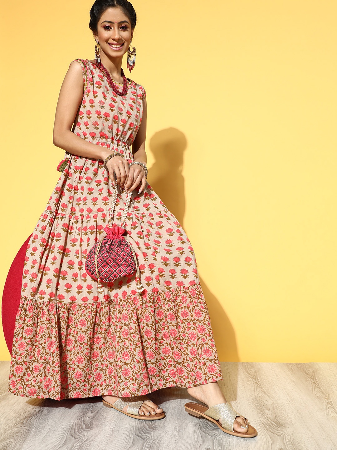 

DIVYANK Women Beige Floral Ethnic Motifs Dress