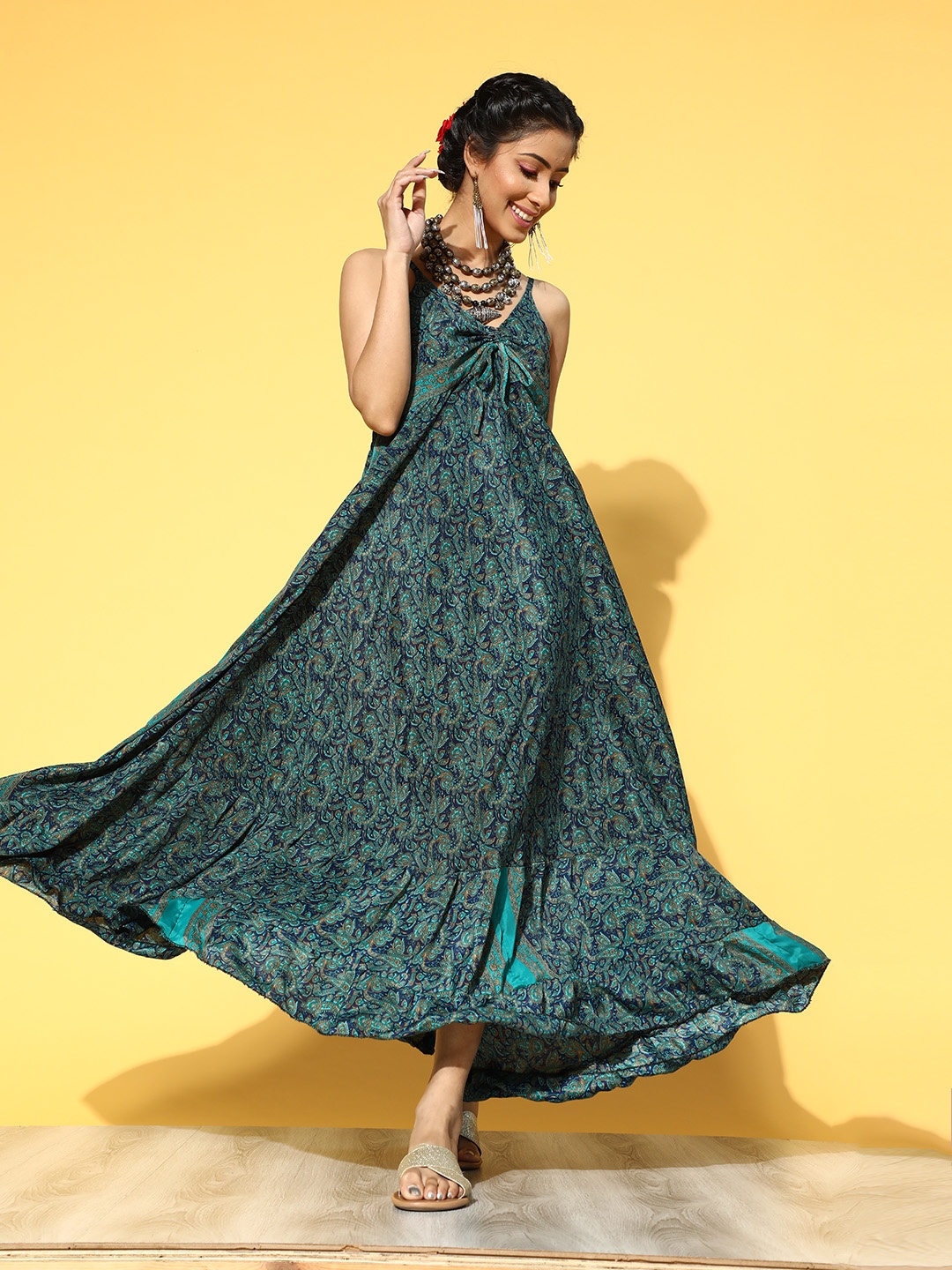 

DIVYANK Women Deep Navy Blue Bohemian Flounce Hemline Dress