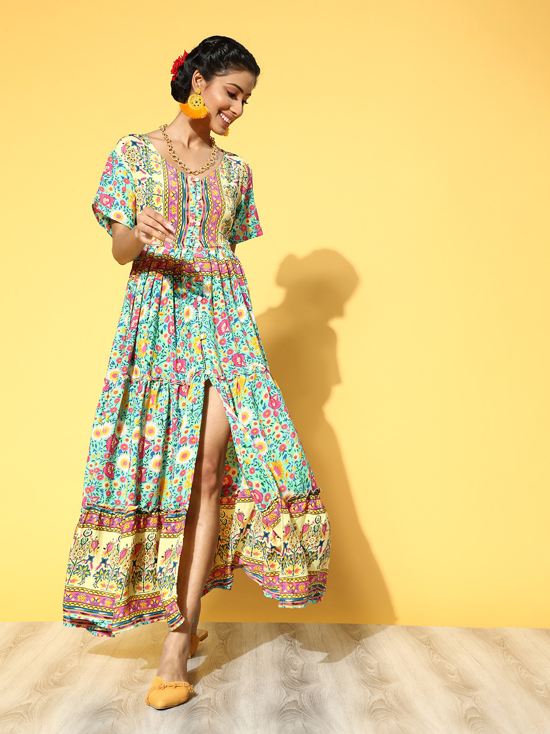 

DIVYANK Women Bright Yellow Romantic Florals Dress