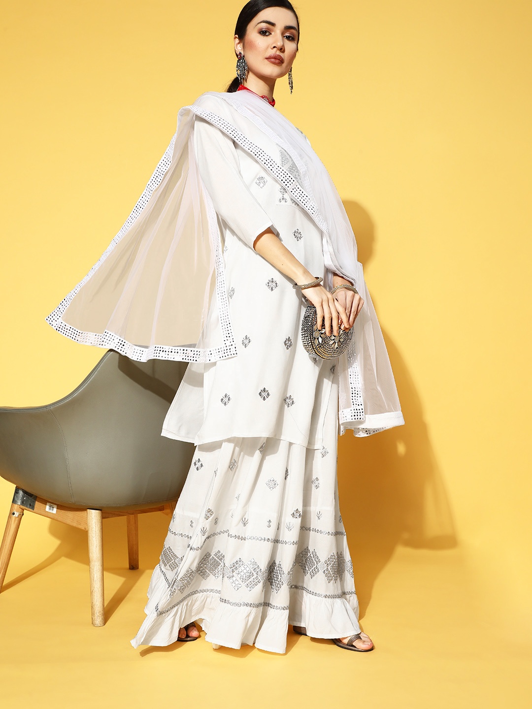 

DIVYANK White Viscose Rayon Short Kurti with Sharara
