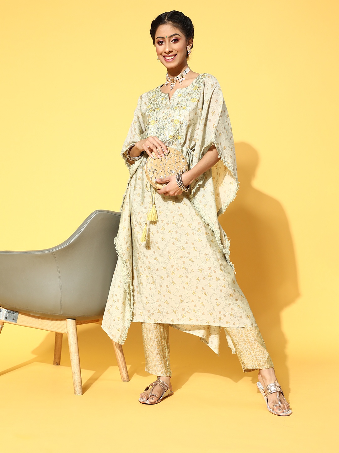 

DIVYANK Olive Silk Blend Kaftan Kurta Set