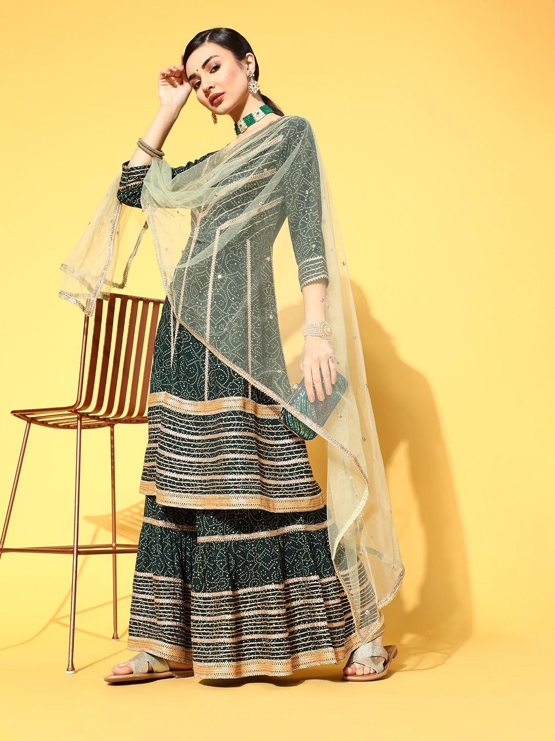 

DIVYANK Green Viscose Rayon Short Kurti with Sharara