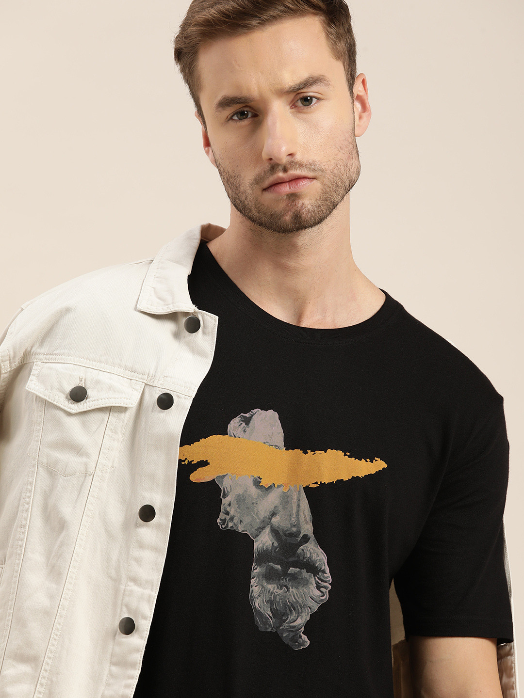 

Moda Rapido Men Black & Mustard Yellow Graphical Printed Casual Longline T-shirt