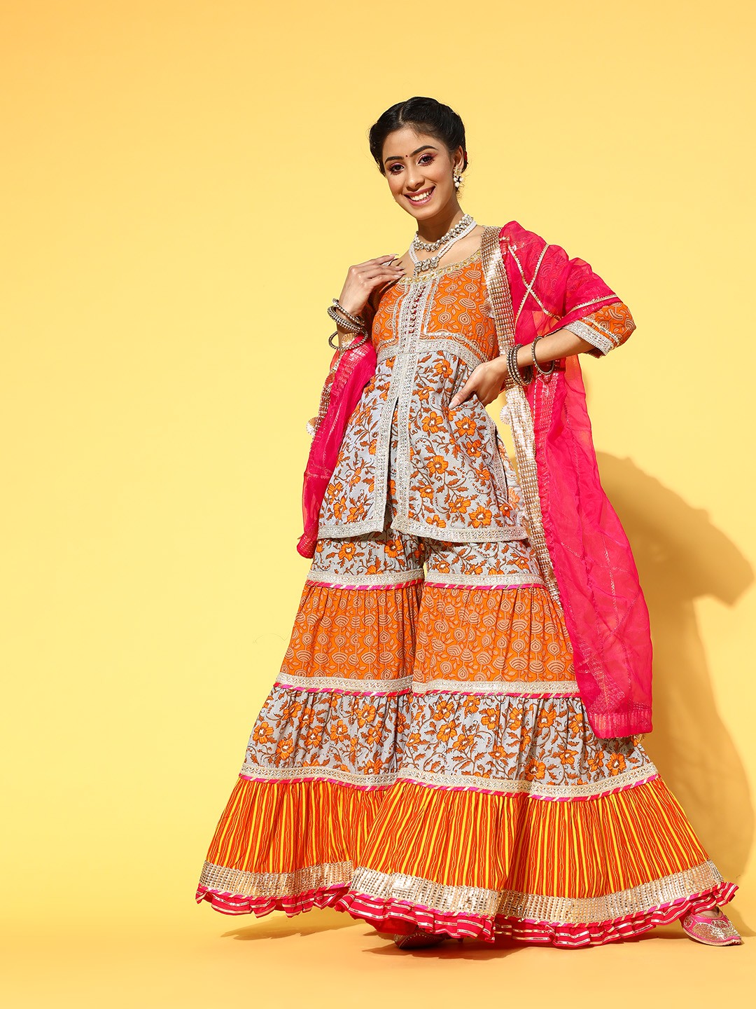 

DIVYANK Orange Pure Cotton Short Kurti with Sharara