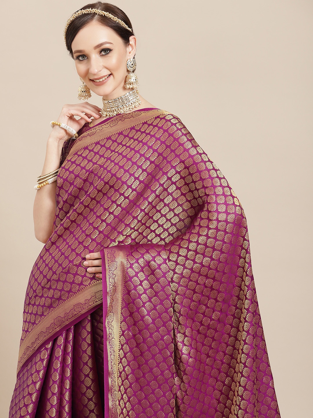 

BharatSthali Purple & Golden Woven Design Saree