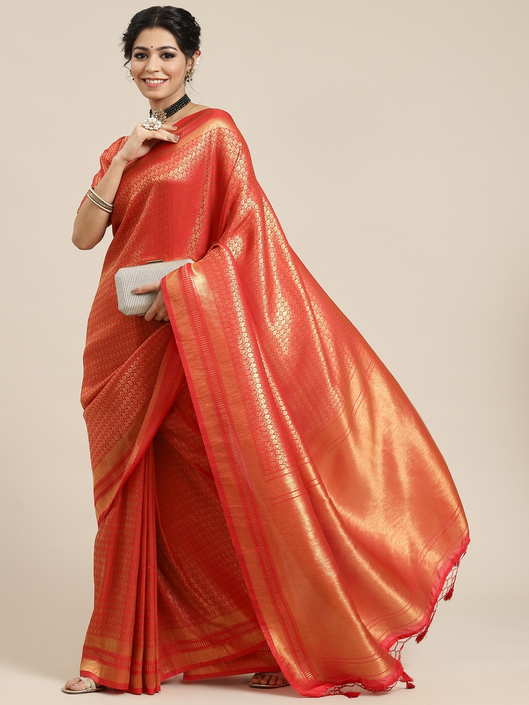 

BharatSthali Red & Gold-Toned Woven Design Zari Art Silk Banarasi Saree