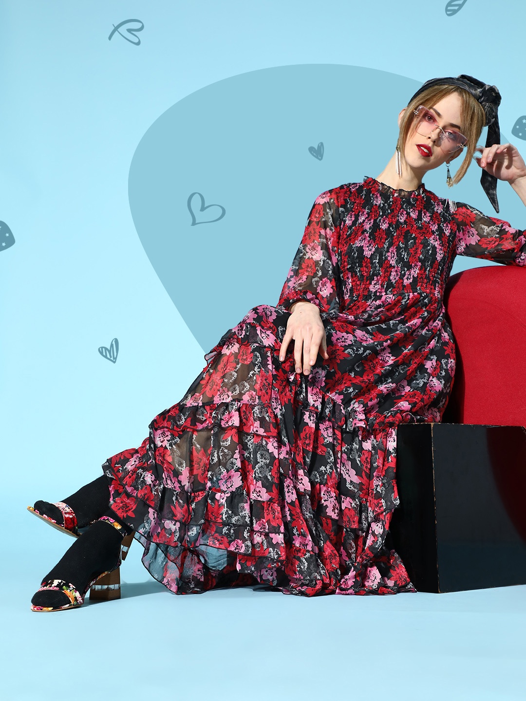 

Antheaa Women Gorgeous Red Floral Tiered Dress