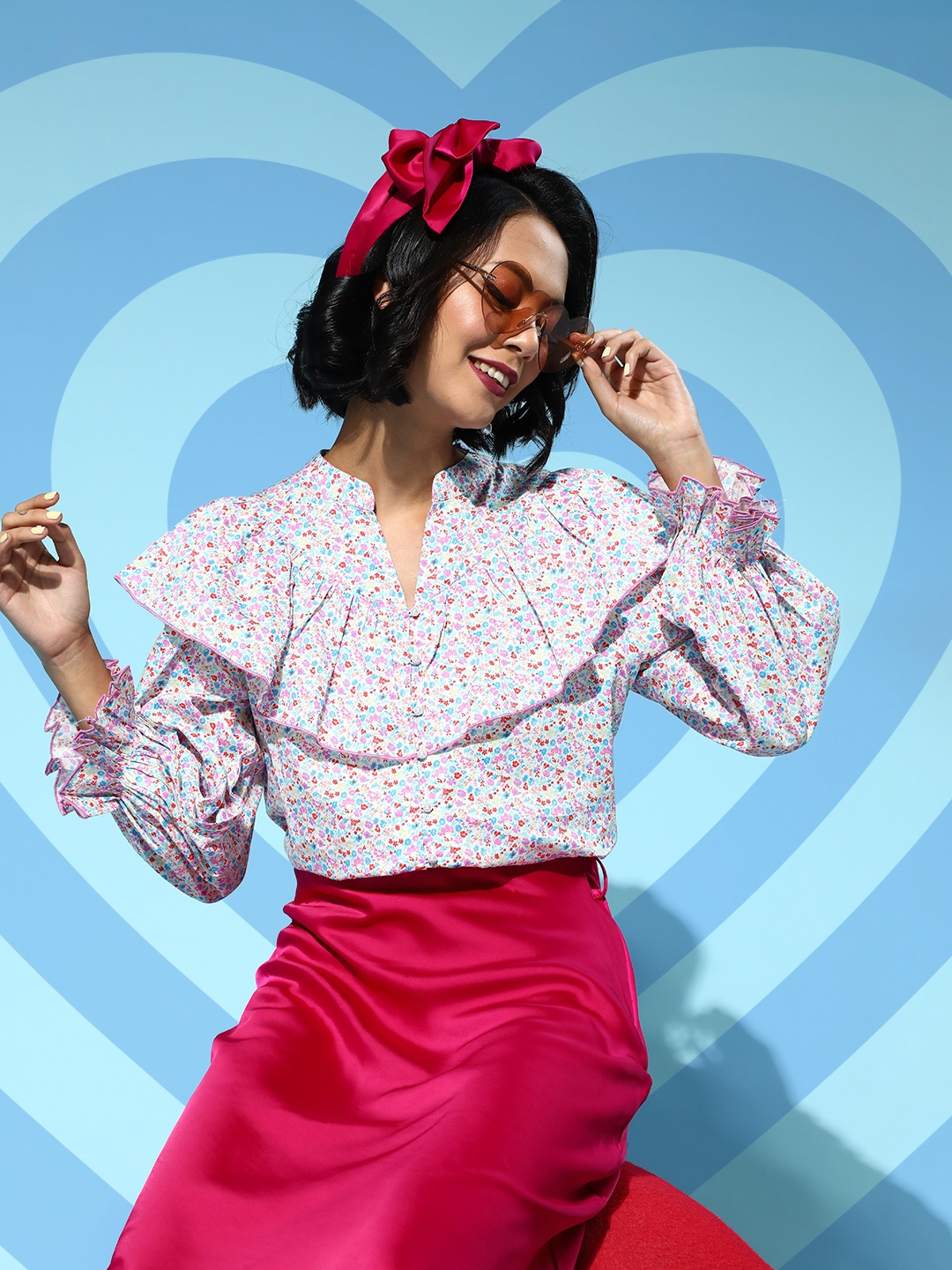 

Antheaa Women Pretty Pink Floral Mandarin Collar Top
