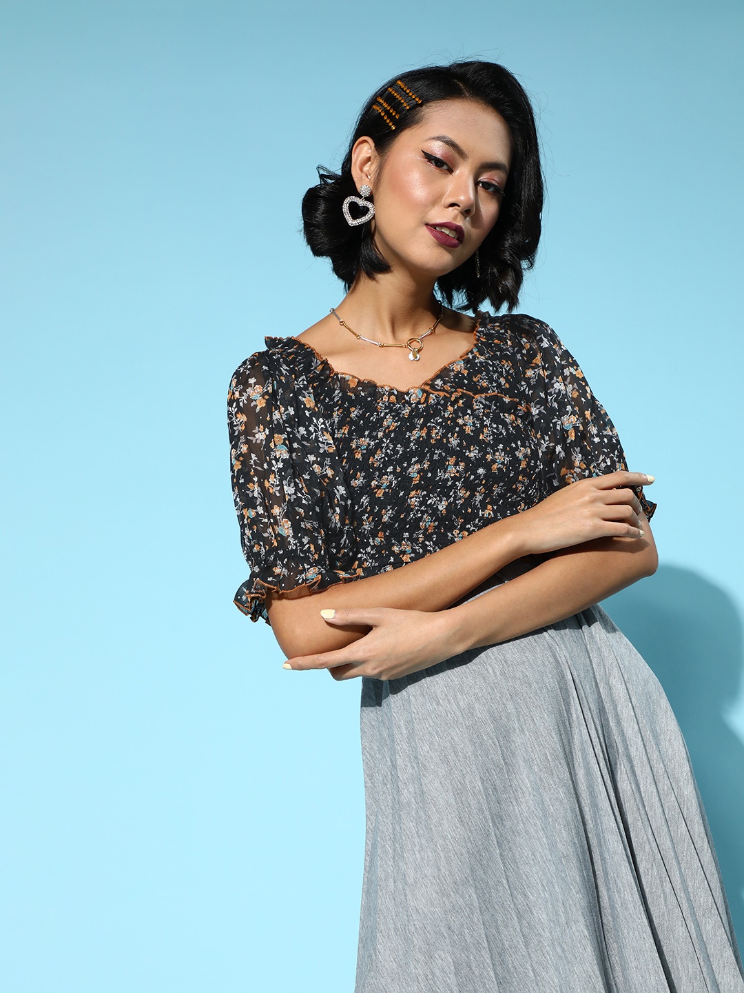 

Antheaa Women Stylish Black Floral Cropped Top