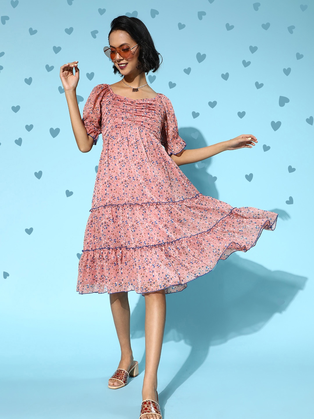 

Antheaa Women Pretty Pink Floral Ruched Dress