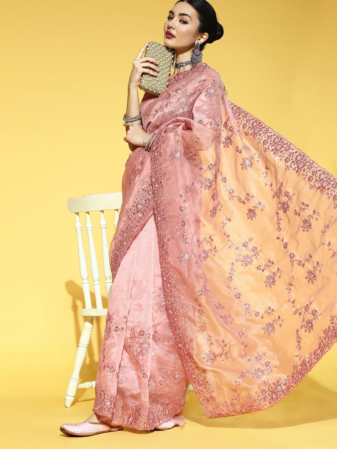 

Mitera Abstract Saree with Embroidered Border, Peach