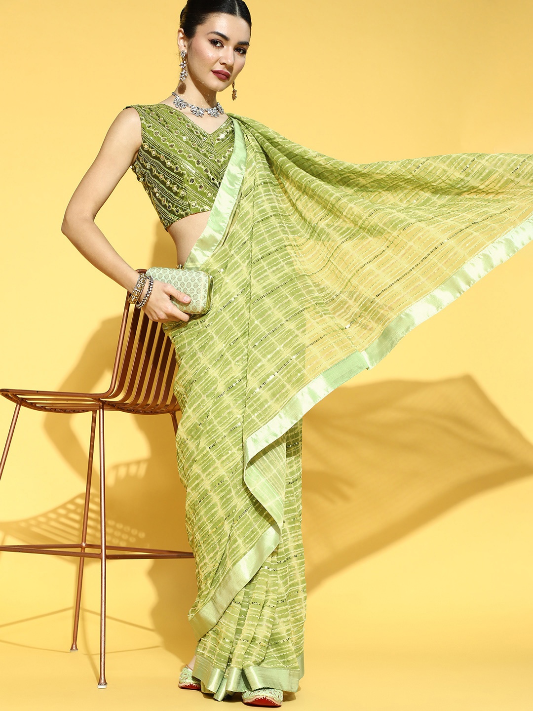 

Mitera Geometric Saree with Solid Border, Green