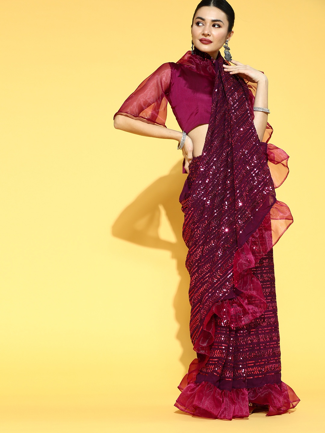 

Mitera Striped Saree with Solid Border, Maroon