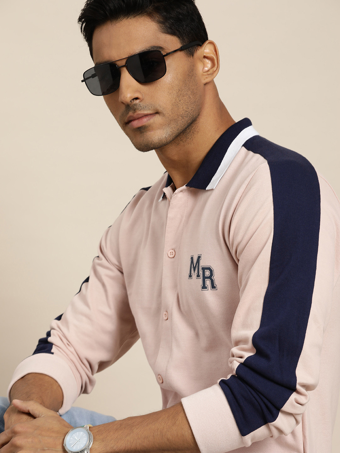 

Moda Rapido Men Pink & Navy Blue Brand Logo Printed Pure Cotton Polo Collar T-shirt